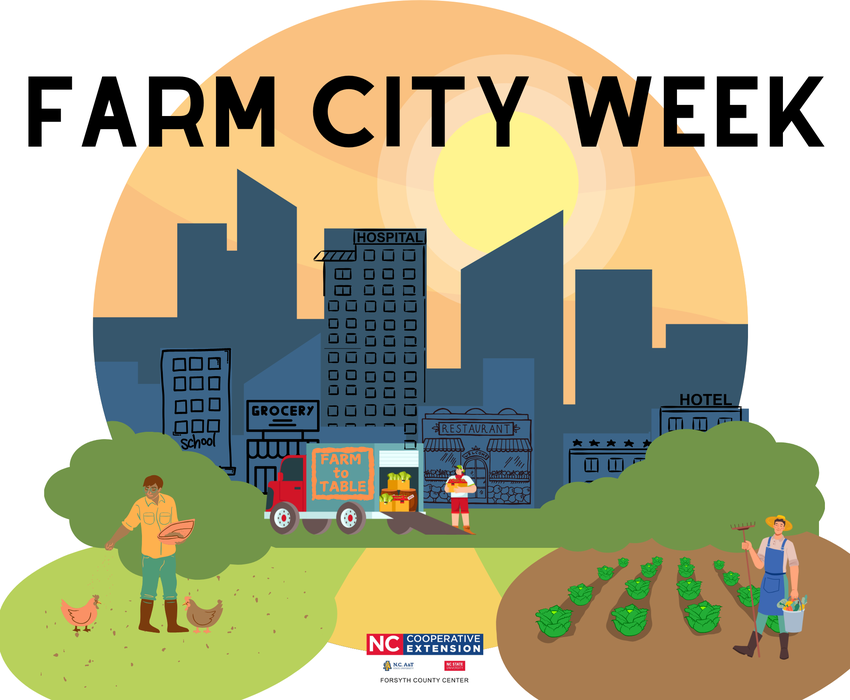 Graphic with title "Farm City Week" at top. The graphics shows a city background with a farm truck, crop rows, and chickens in the foreground.