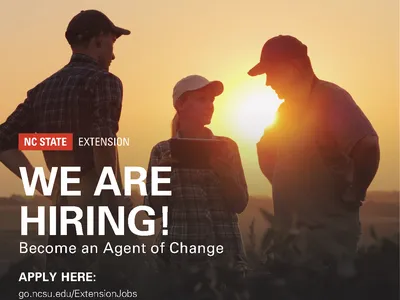 Three people in a field at sunset holding a tablet; text "WE ARE HIRING! Become an Agent of Change"