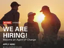 Three people in a field at sunset holding a tablet; text "WE ARE HIRING! Become an Agent of Change"