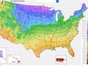 US map color-coded by temperature zones with legend and "Zip Code Zone Search" field
