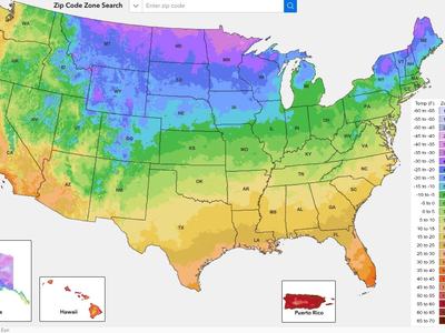 US map color-coded by temperature zones with legend and "Zip Code Zone Search" field
