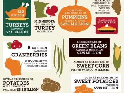 Thanksgiving Dinner infographic: US farm production—210M turkeys; 1.6B lbs pumpkins; 40B lbs potatoes