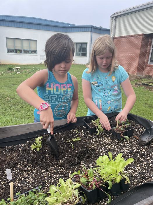 Two children planting seedlings in a raised bed; left shirt reads "HOPE PEACE"