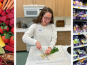 3 images side by side. The first is food depicting a mediterranean style of eating including salmon, fresh fruits, and vegetables. The second is FCS agent Rachel Ezzell holding a knife and chopping green onions. The final image is FCS agent Rachel Ezzell 