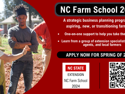 Farmers discussing in a field; text: "NC Farm School 2024" and "Apply now for Spring of 2024"