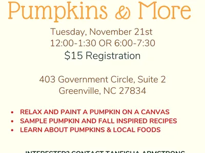 Pumpkins & More event Nov 21, 12:00–1:30 or 6:00–7:30, $15 registration
