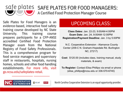 Safe Plates for Food Managers: class Jan 22–23; exam Jan 24; cost $120; reg deadline Jan 3