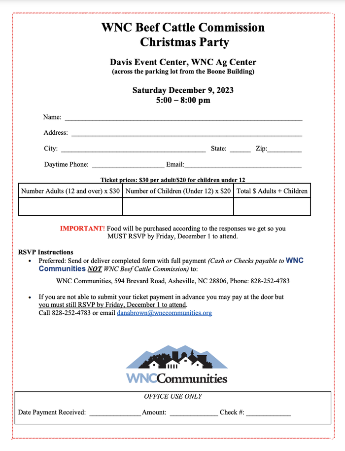 WNC Beef Cattle Commision Christmas Party registration form