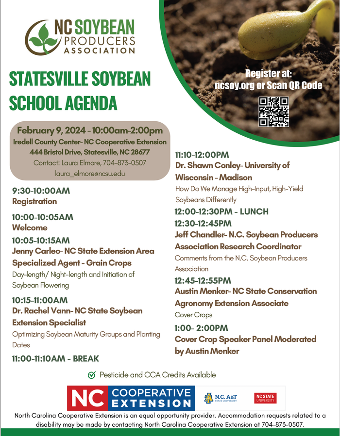Statesville Soybean School agenda flyer — Feb 9, 2024, 10:00am–2:00pm; NC Soybean Producers