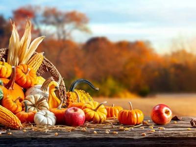 Wicker basket spilling pumpkins, gourds, corn and apples on a wooden table with autumn background