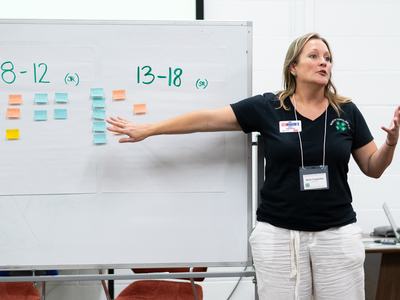 Woman presenting at a whiteboard with sticky notes under headings "8-12" and "13-18"