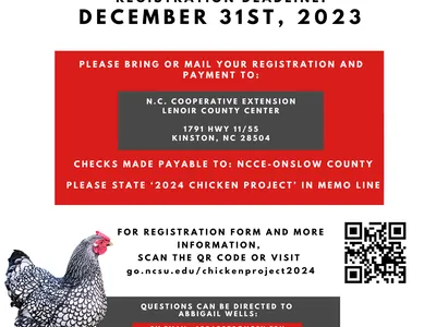 Coastal Plains Chicken Project flyer — registration deadline Dec 31, 2023; QR code