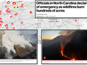 Officials in NC declare state of emergency as wildfires burn hundreds of acres; map and two aerial photos of smoke and flames