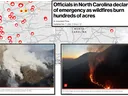 Officials in NC declare state of emergency as wildfires burn hundreds of acres; map and two aerial photos of smoke and flames