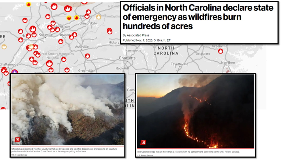 Officials in NC declare state of emergency as wildfires burn hundreds of acres; map and two aerial photos of smoke and flames