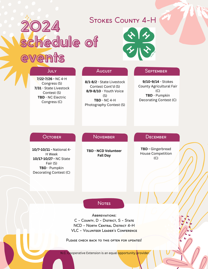 2024 Stokes County 4‑H schedule of events calendar listing monthly events (July–December)