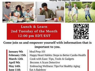 Flyer with program dates and description: Jan. 9th, Feb 13th, March 12th, April 9th, May 14th, June 11th 12:00pm