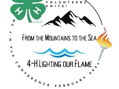 4-H clover, mountains, waves and torch; text: "Volunteers Unite! From the Mountains to the Sea — 4-H Lighting Our Flame"