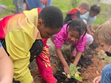 school kids planting a garden