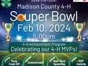 4-H Souper Bowl Achievement Program Invitation with football field background and trophies.