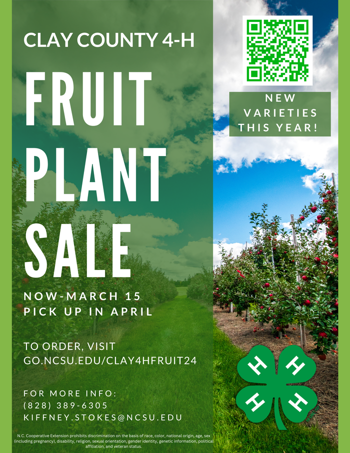 Clay County 4-H fruit plant sale; order by Mar 15, pickup in April; go.ncsu.edu/clay4hfruit24