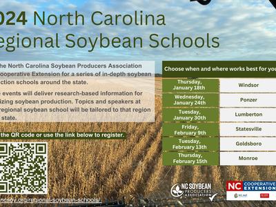 2024 NC Soybean Schools: Thursday January 18th-Windsor, Wednesday January 24th-Ponzer, Tuesday January 30th-Lumberton, Friday February 9th-Statesville, Tuesday February 13th-Goldsboro, Thursday February 15th-Monroe.