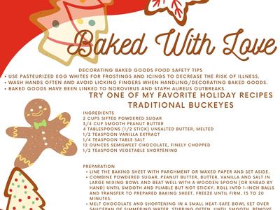 Holiday cookie recipe flyer titled "Baked With Love" showing decorated cookies