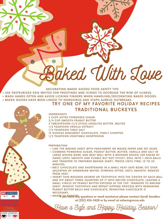 Holiday cookie recipe flyer titled "Baked With Love" showing decorated cookies