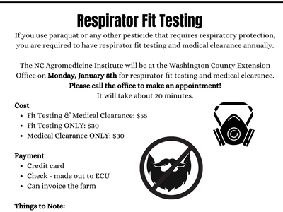 County Cropline flyer titled "Respirator Fit Testing" with date Monday, January 8 and cost list