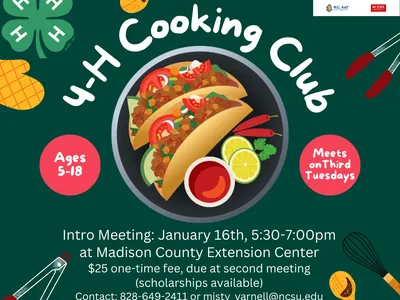 4-H Cooking Club — Intro meeting Jan 16, 5:30–7:00pm; Ages 5–18; Madison County Extension Center