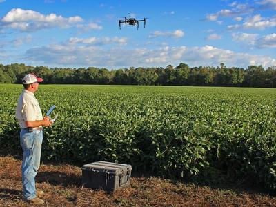 Farmer operating a drone over a crop field with a handheld controller