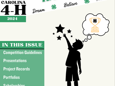 North Carolina 4‑H 2024 Awards Handbook cover, silhouette reaching stars and trophy thought bubble