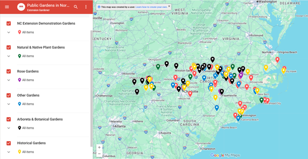Map of North Carolina with pins at locations of public gardens, Side bar with categories of gardens
