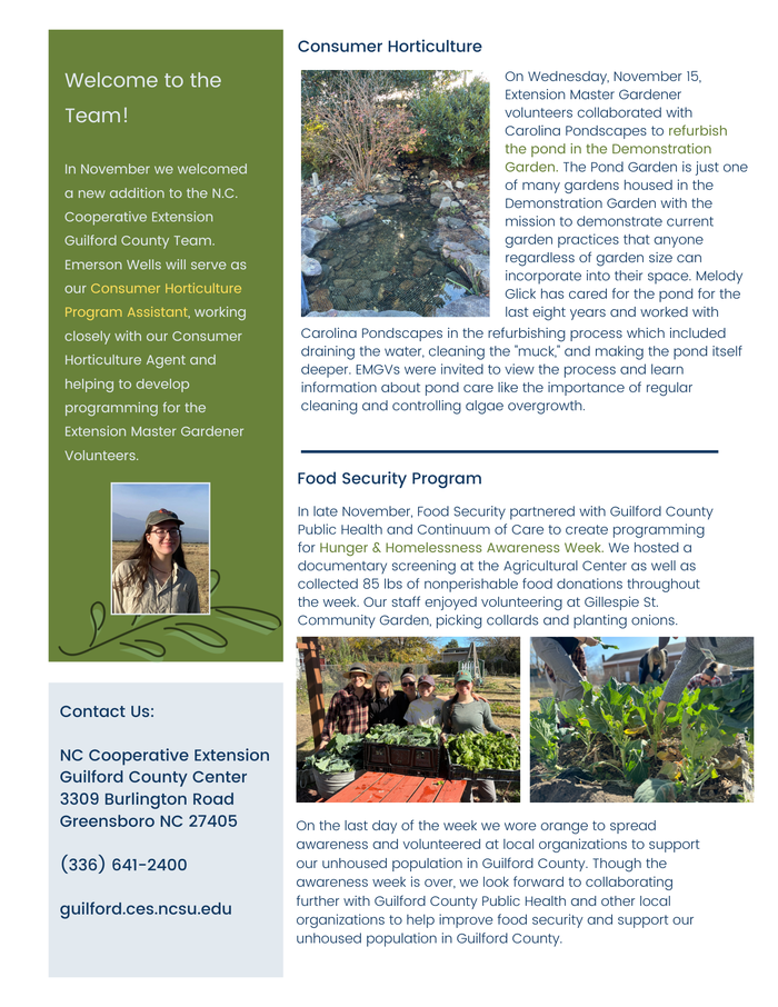 Newsletter page: "Welcome to the Team!", Consumer Horticulture pond photo, Food Security volunteers