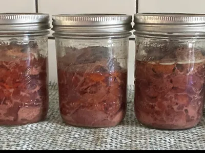 Seven sealed mason jars with canned shredded meat lined on a towel