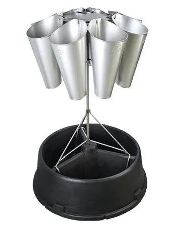 Metal multi-cone poultry feeder with tripod support and round black plastic base