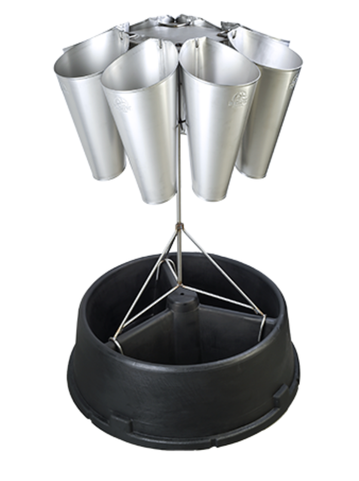 Metal multi-cone poultry feeder with tripod support and round black plastic base