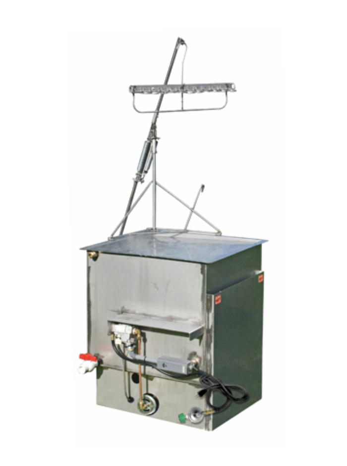 Stainless steel commercial poultry boiler with hanging rack, gas valve, and control hoses