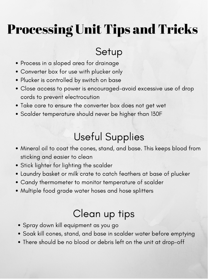 Processing Unit Tips and Tricks poster listing Setup, Useful Supplies, Clean up tips and bullet points