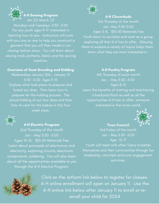 Blue 4‑H flyer listing programs, dates (Jan–May), ages, times, and registration info.