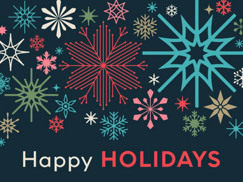 Stylized multicolored snowflakes on dark background with text "Happy HOLIDAYS"