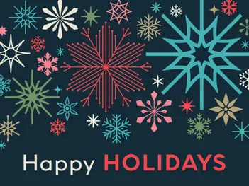 Stylized multicolored snowflakes on dark background with text "Happy HOLIDAYS"