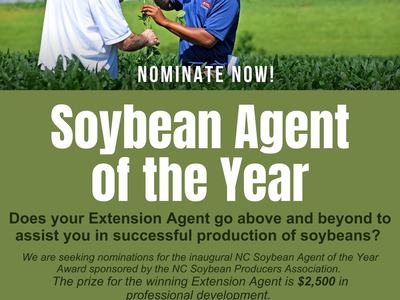 Two men inspecting soybean plants; text "Soybean Agent of the Year" and "Nominate Now!"