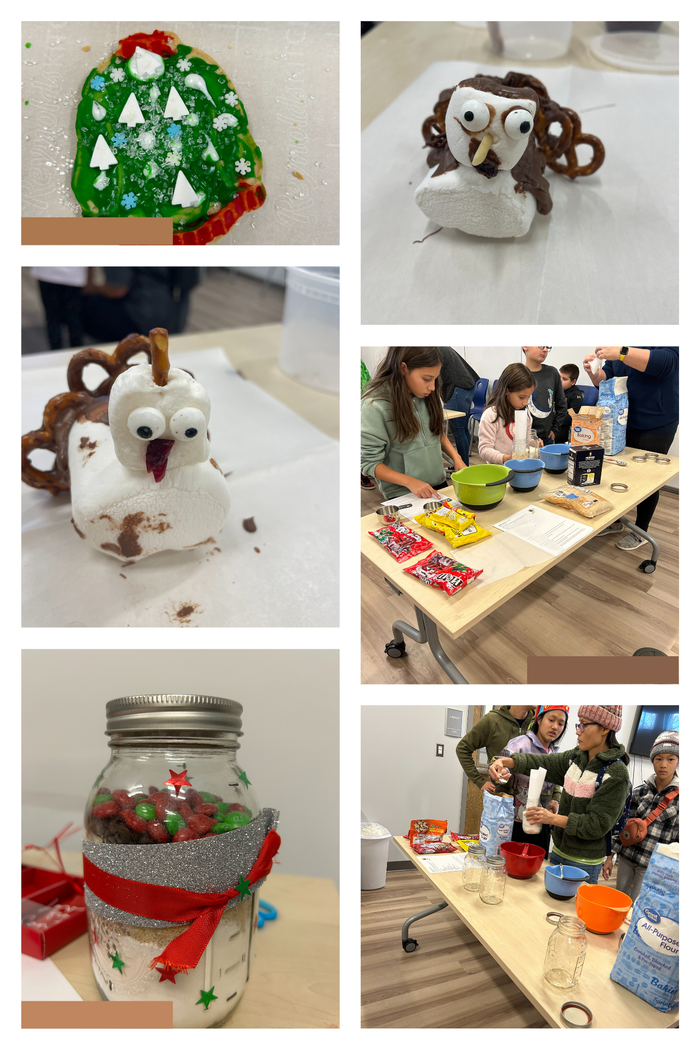 Collage showing children making holiday cookie jar mixes and marshmallow-pretzel turkey treats at a table
