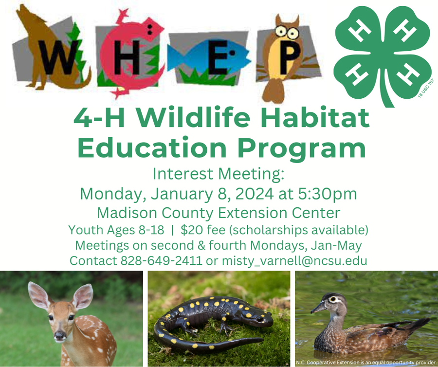 4-H Wildlife Habitat Education Program interest meeting Jan 8, 2024 5:30pm Madison County Extension