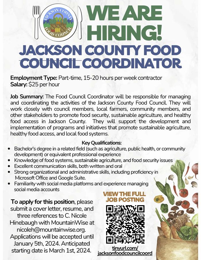 Hiring: Jackson County Food Council Coordinator — Part-time 15–20 hrs/week, $25/hr