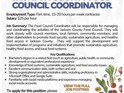 Hiring: Jackson County Food Council Coordinator — Part-time 15–20 hrs/week, $25/hr
