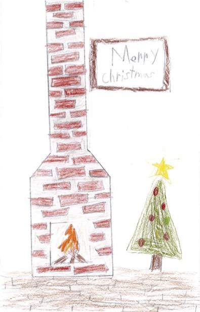 Brick fireplace with burning fire, decorated Christmas tree and sign reading "Merry Christmas."