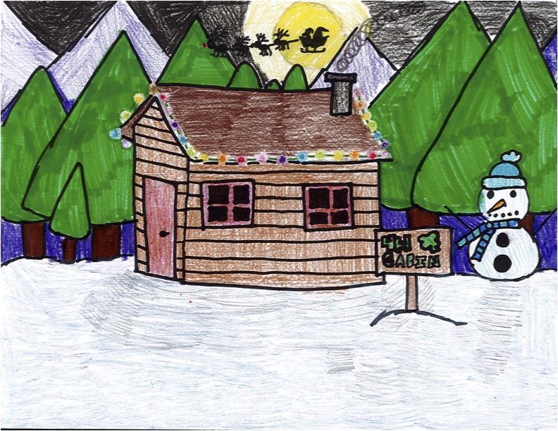 Wooden cabin in snowy forest with string lights, snowman, and sign reading "LILY CABIN"