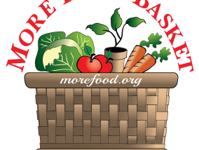 Woven basket with cabbage, tomato, carrots, greens; text "MORE IN MY BASKET" and "morefood.org"